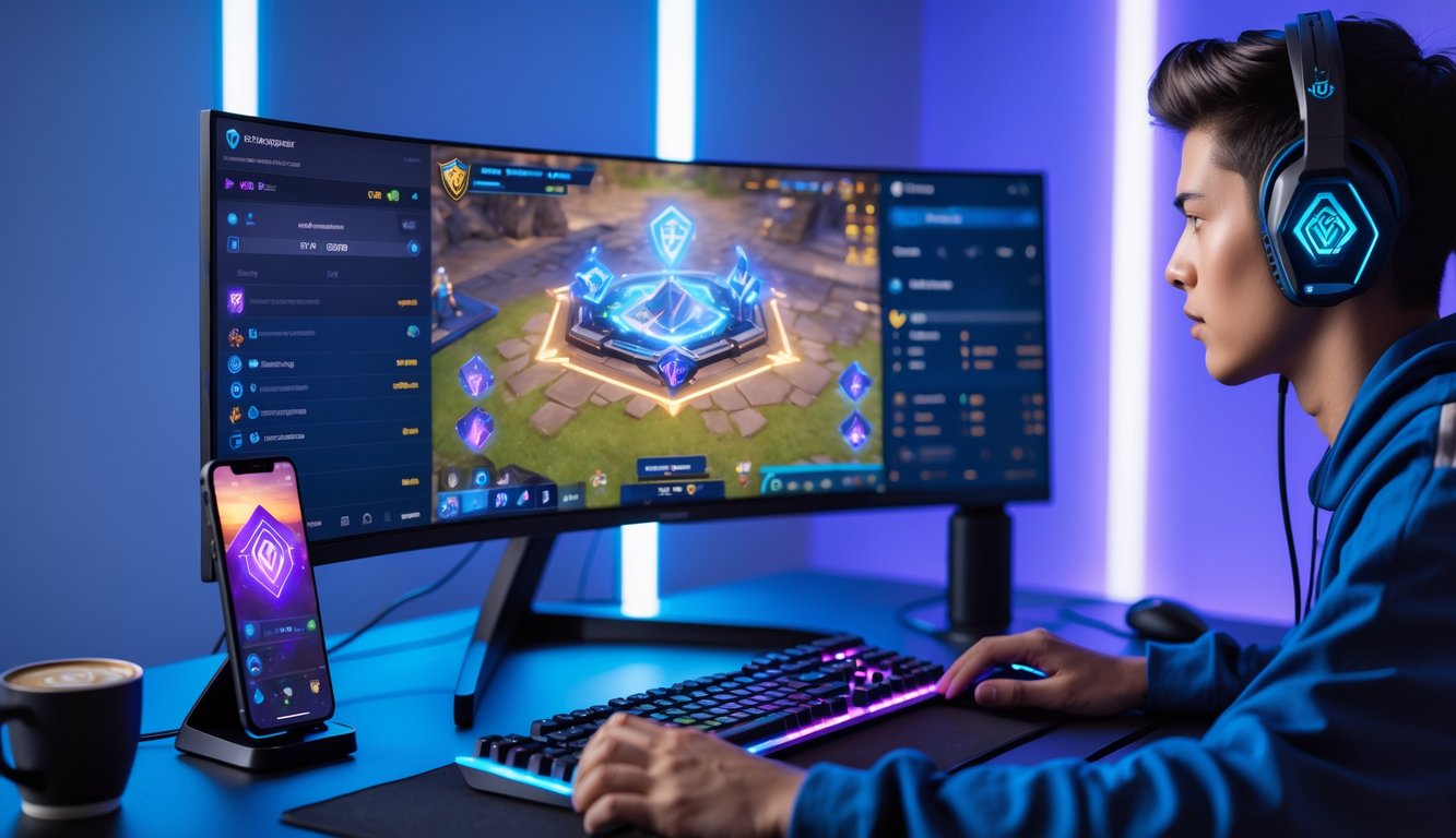 Seorang gamer muda fokus di depan layar komputer dengan tampilan permainan Mobile Legends dan ponsel di sampingnya, berada di meja gaming dengan pencahayaan biru dan ungu.