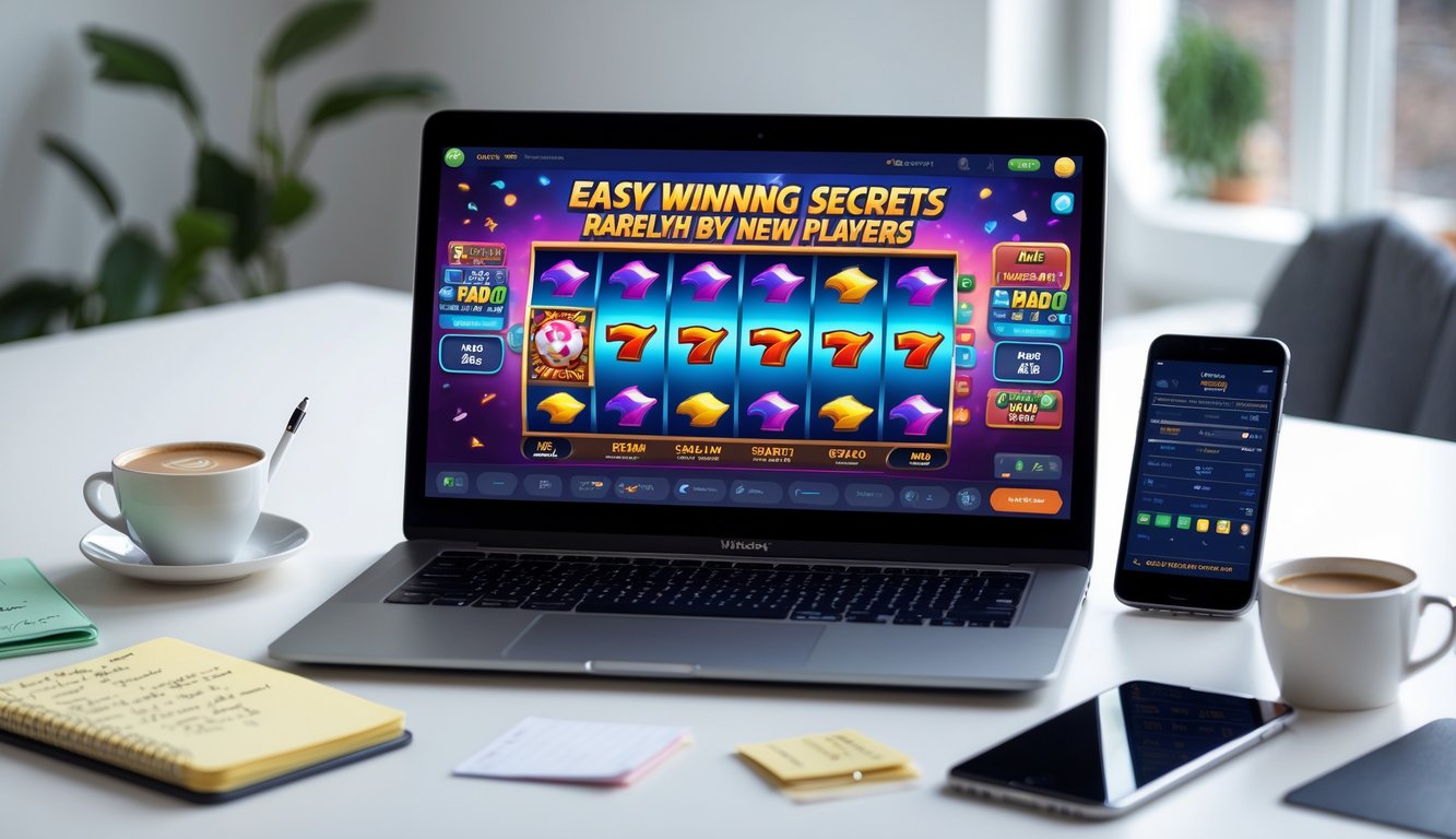 Seorang pemain sedang bermain slot online di komputer dengan layar menampilkan permainan slot berwarna-warni di ruang kerja yang rapi dan terang.