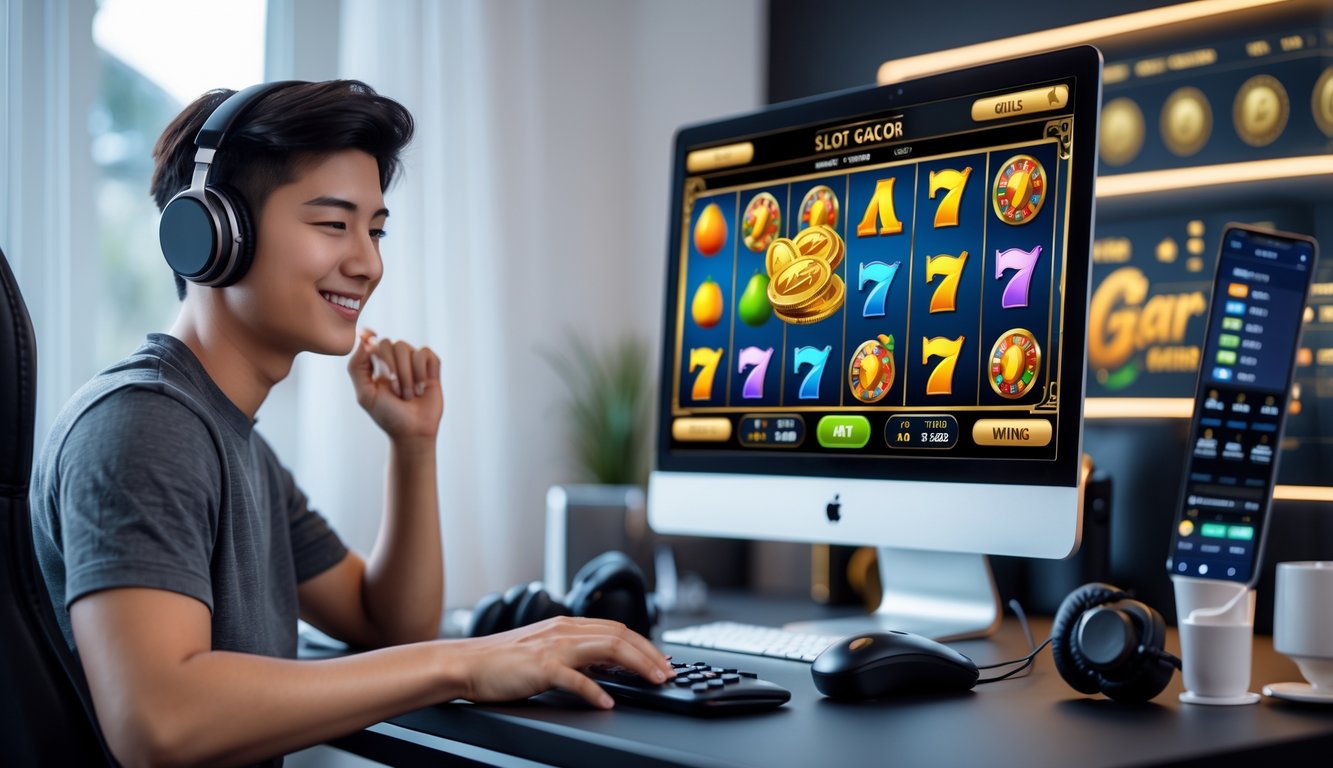 Seorang pemain muda sedang bermain permainan slot online di komputer dengan ekspresi fokus dan senang di ruang kerja yang terang.