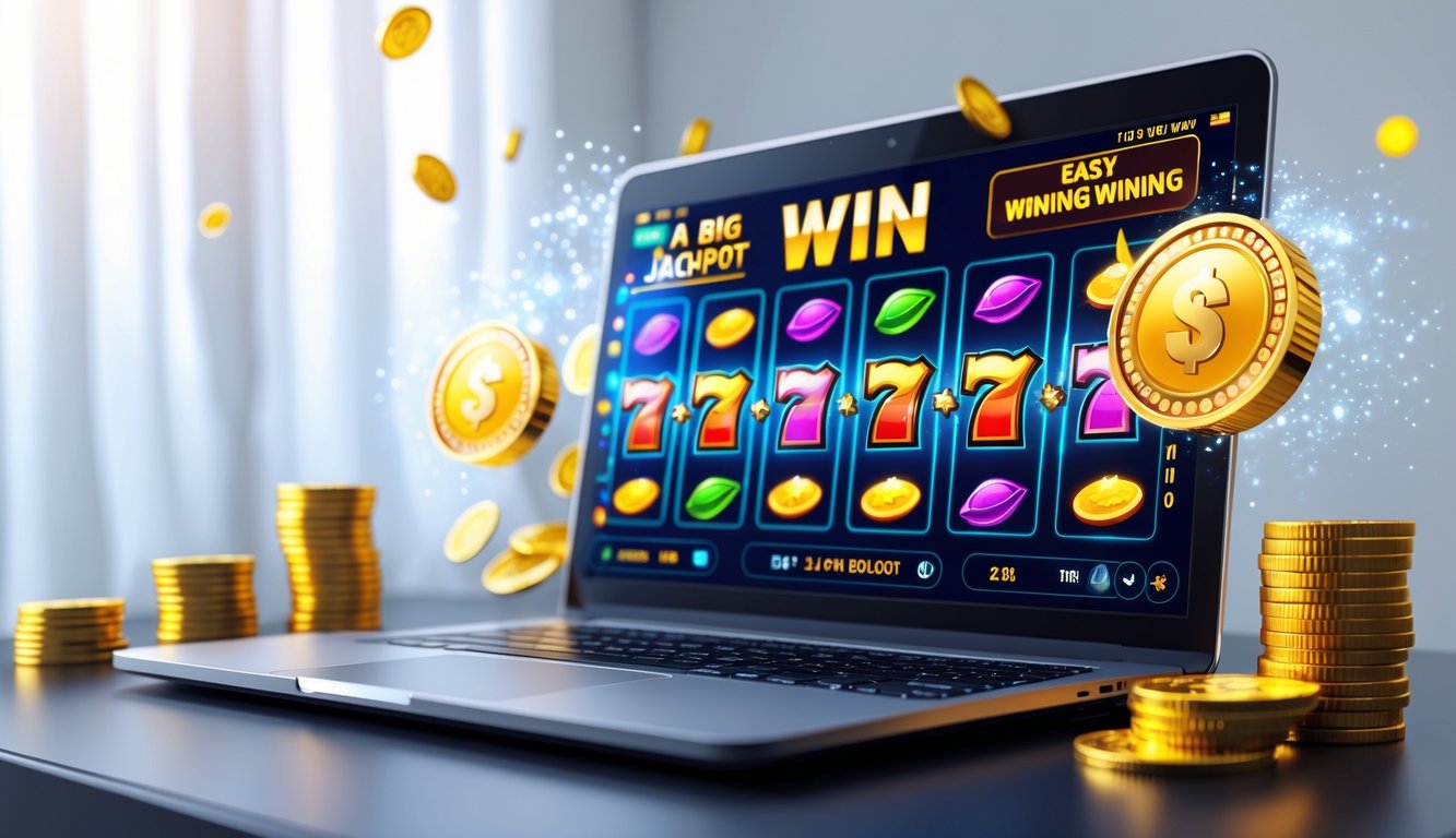 Seorang pria menggunakan laptop dengan tampilan permainan slot online yang menunjukkan kemenangan besar dan koin emas di meja.