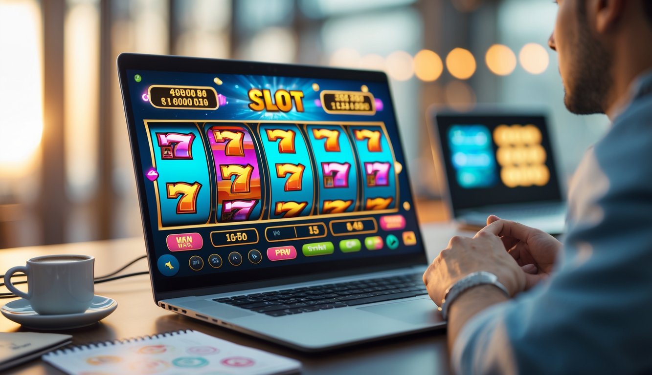 Seseorang sedang melihat layar komputer dengan grafik mesin slot berwarna-warni dan simbol kemenangan, di meja terdapat catatan pola dan secangkir kopi.