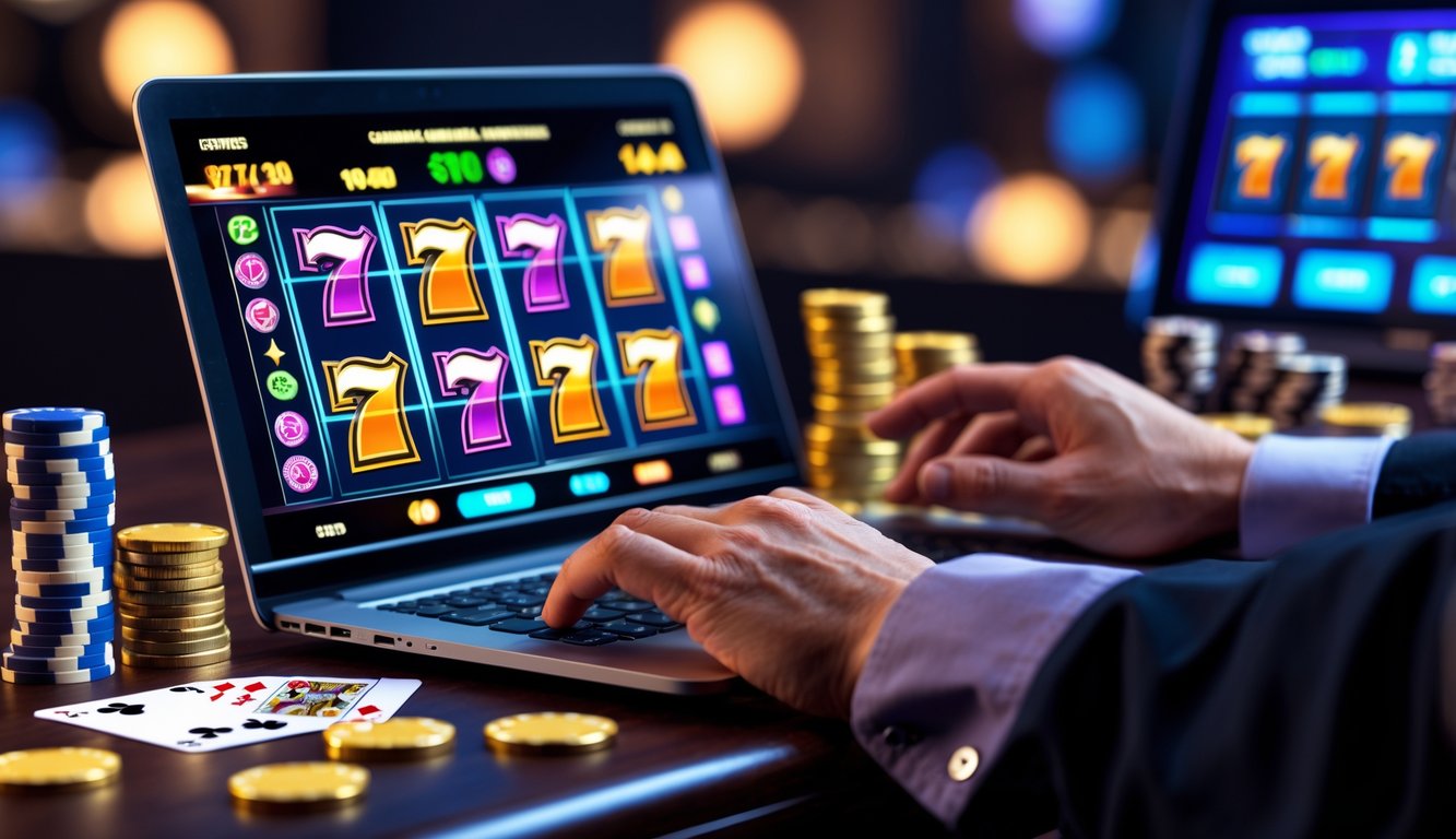 Seseorang bermain mesin slot online di laptop dengan chip poker dan koin emas di meja kayu.