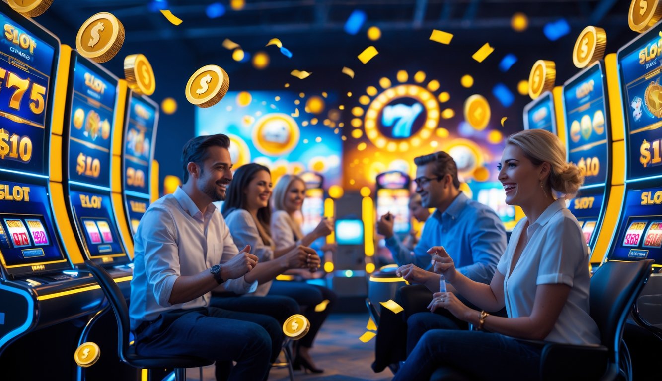 Beberapa orang dewasa sedang bermain mesin slot online dengan ekspresi senang dan fokus di sebuah ruangan kasino modern.