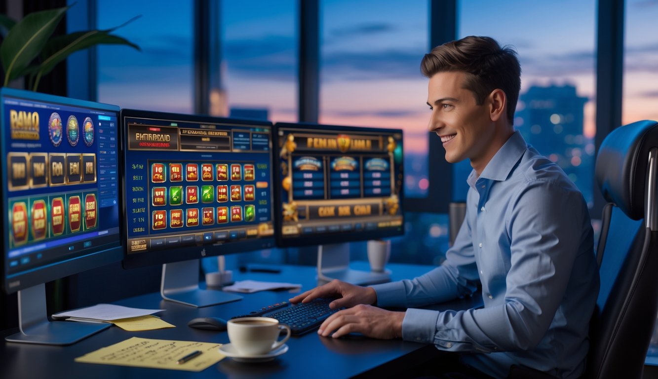 Seorang pemain profesional sedang duduk di meja dengan beberapa layar komputer yang menampilkan permainan slot online, di sebuah ruang kerja modern dengan jendela besar dan pemandangan kota.