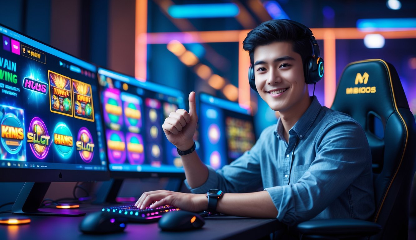 Seorang pria muda duduk di depan komputer dengan layar menampilkan permainan slot online, terlihat fokus dan percaya diri dalam ruangan modern.