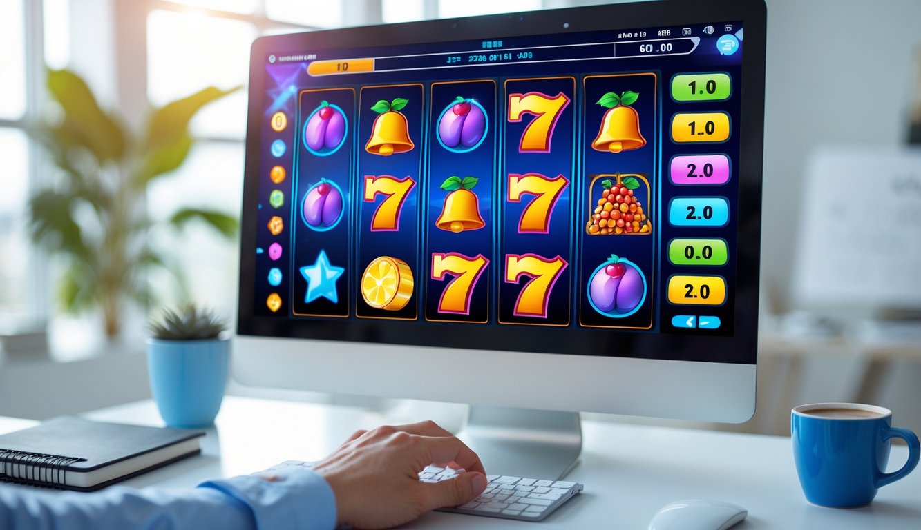 Tampilan layar komputer dengan mesin slot online berwarna cerah yang sedang berputar, tangan seseorang siap mengklik tombol spin di meja kerja yang rapi.