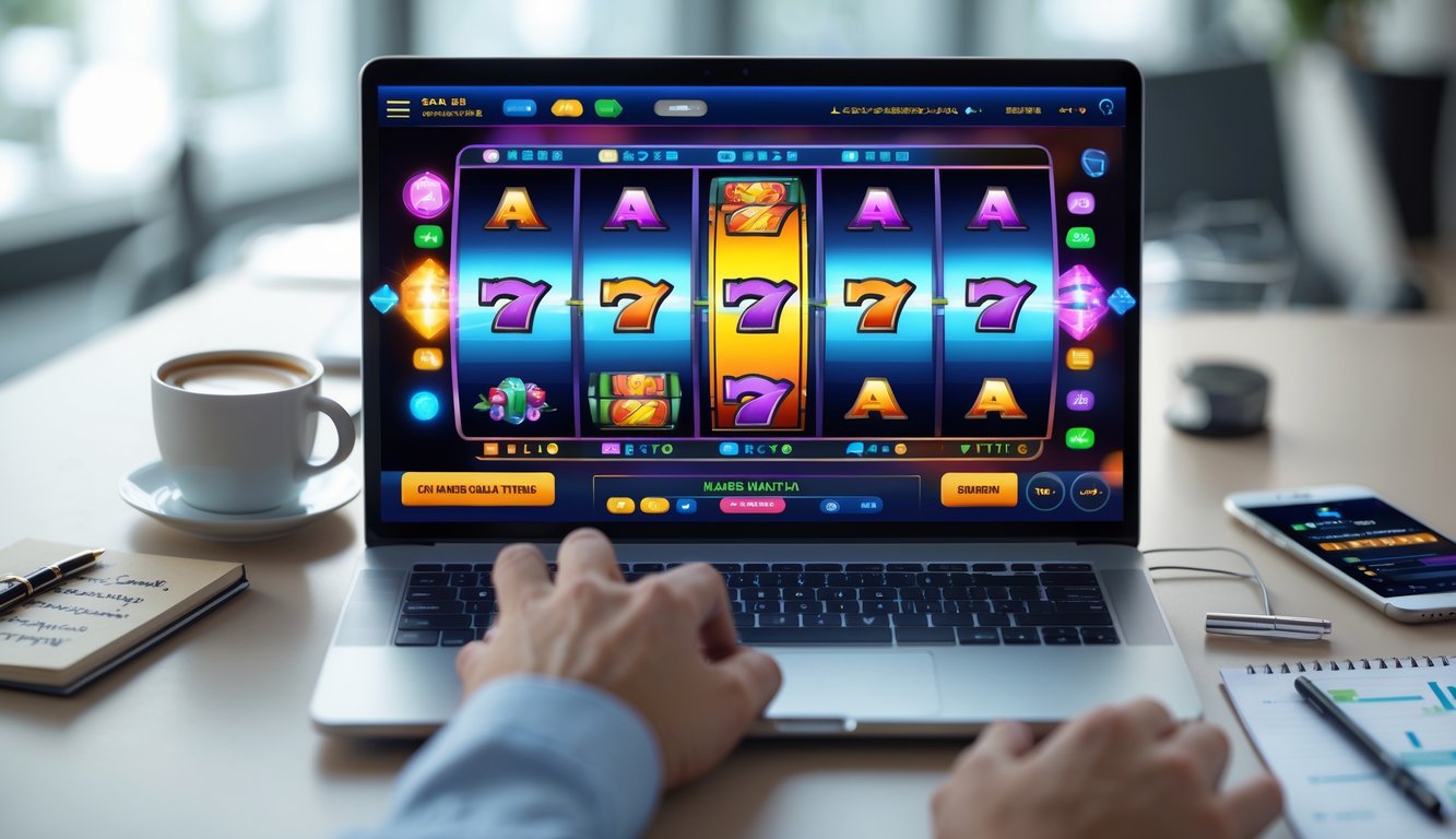 Seseorang menggunakan laptop dengan permainan slot online yang sedang berputar, di meja terdapat catatan dan ponsel, suasana fokus dan profesional.