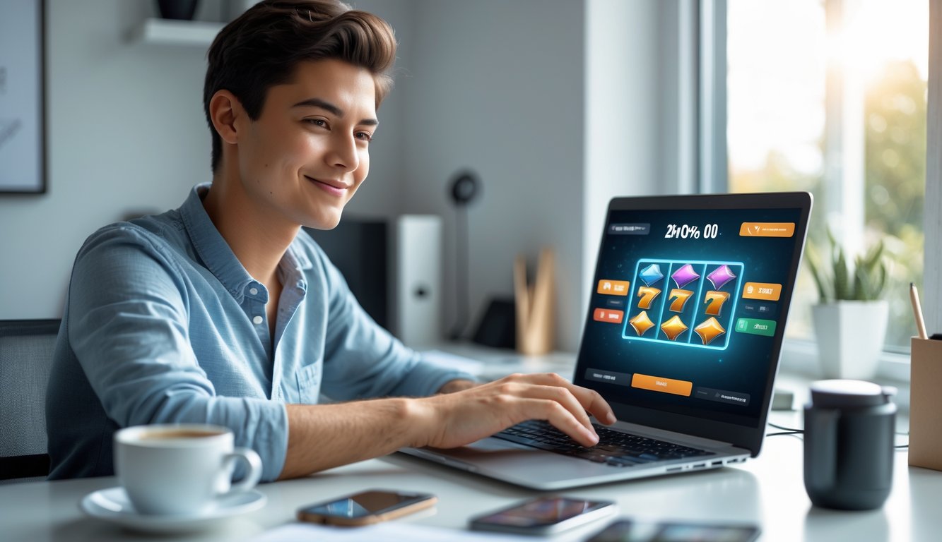 Seseorang duduk di meja kerja dengan laptop, fokus bermain permainan slot online dengan ekspresi percaya diri dan santai.