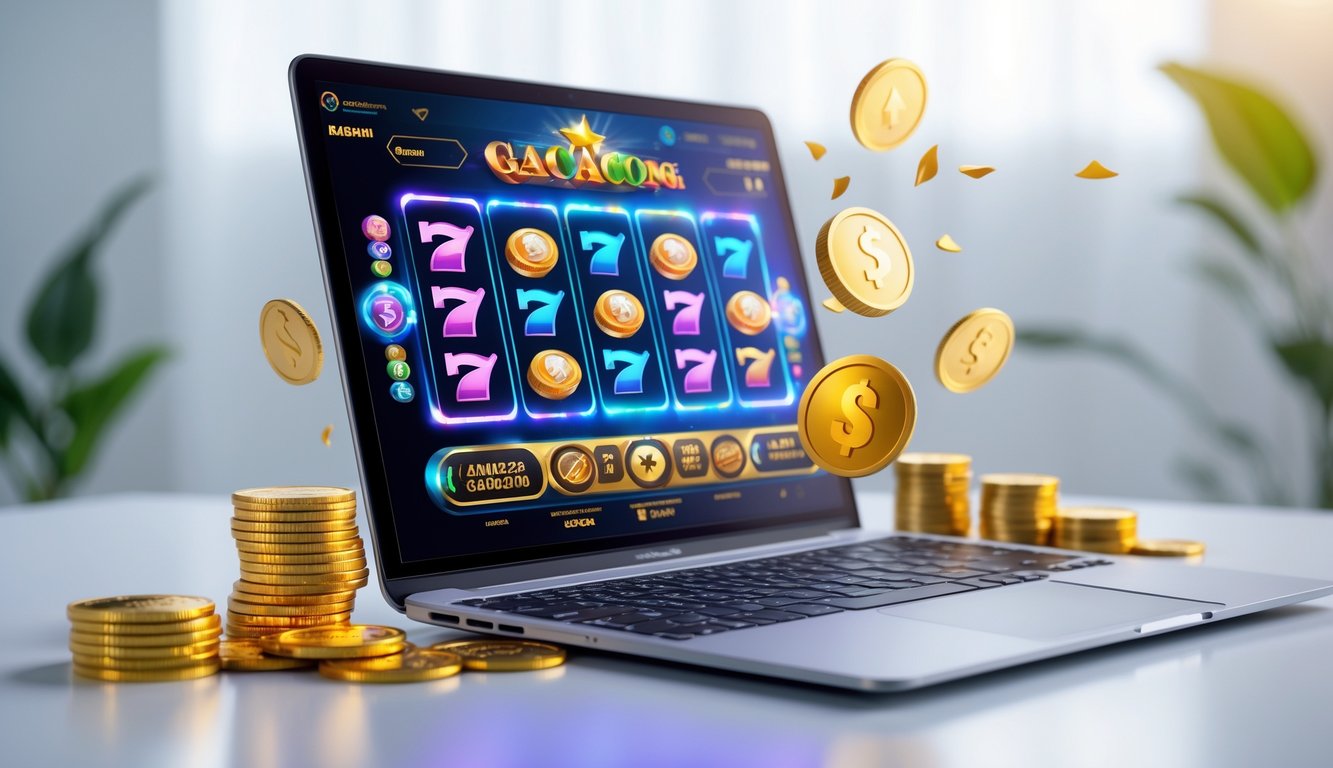 Seorang pengguna sedang bermain mesin slot online di laptop dengan koin emas dan chip poker di sekitarnya, menunjukkan suasana kemenangan dan kemudahan bermain.