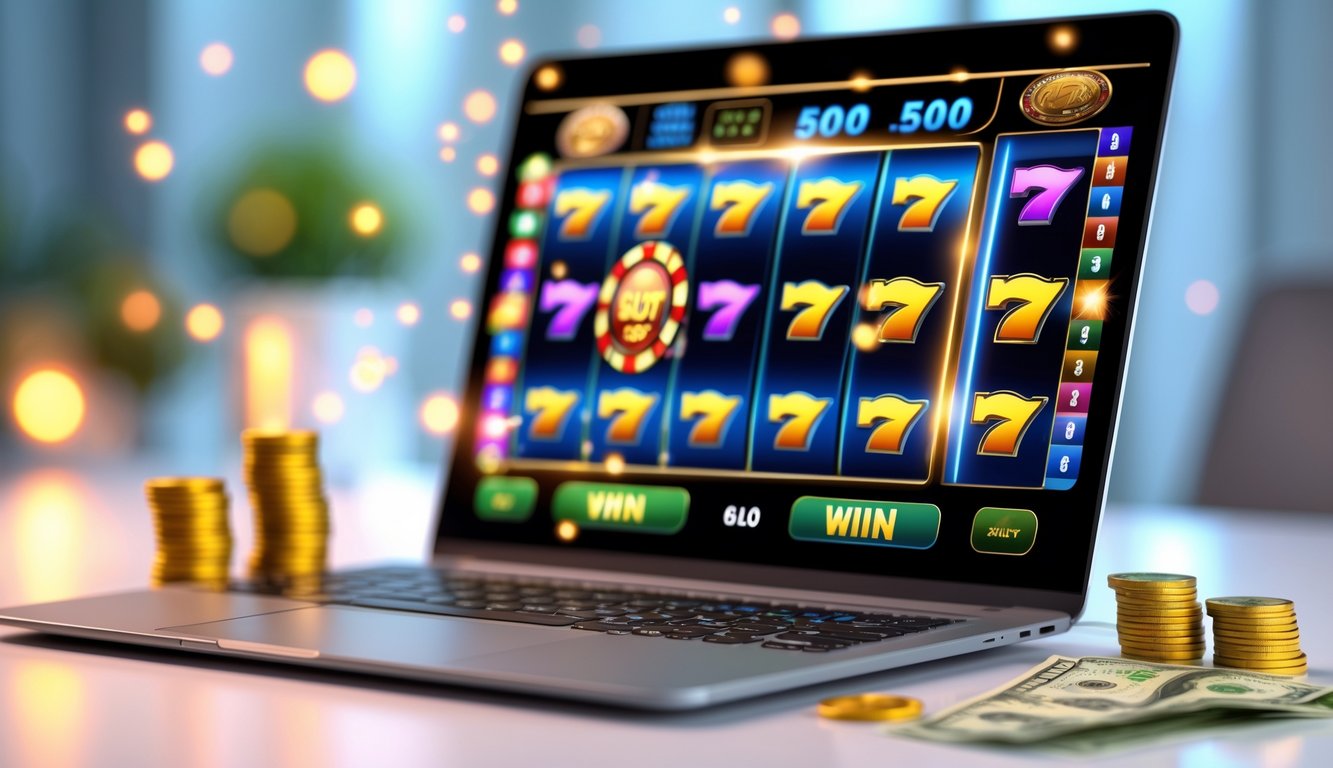 Seorang pengguna komputer sedang bermain mesin slot online dengan koin dan uang di meja, menunjukkan suasana kemenangan dan keberuntungan.