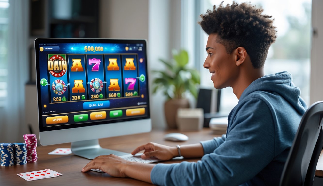 Seorang dewasa muda duduk di meja dengan laptop yang menampilkan permainan slot online, terlihat fokus dan optimis di ruangan yang nyaman.
