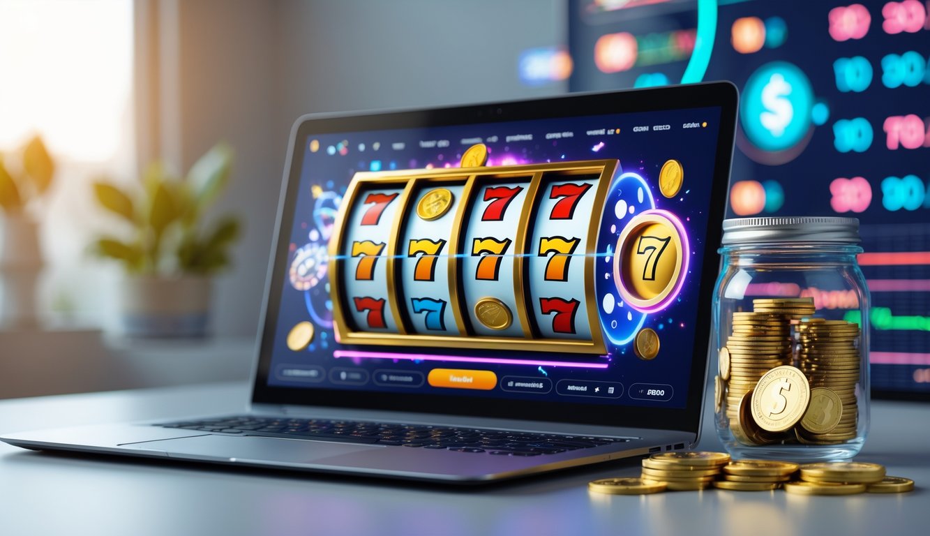 Sebuah laptop menampilkan permainan slot online dengan koin emas dan chip kasino di meja di sekitarnya