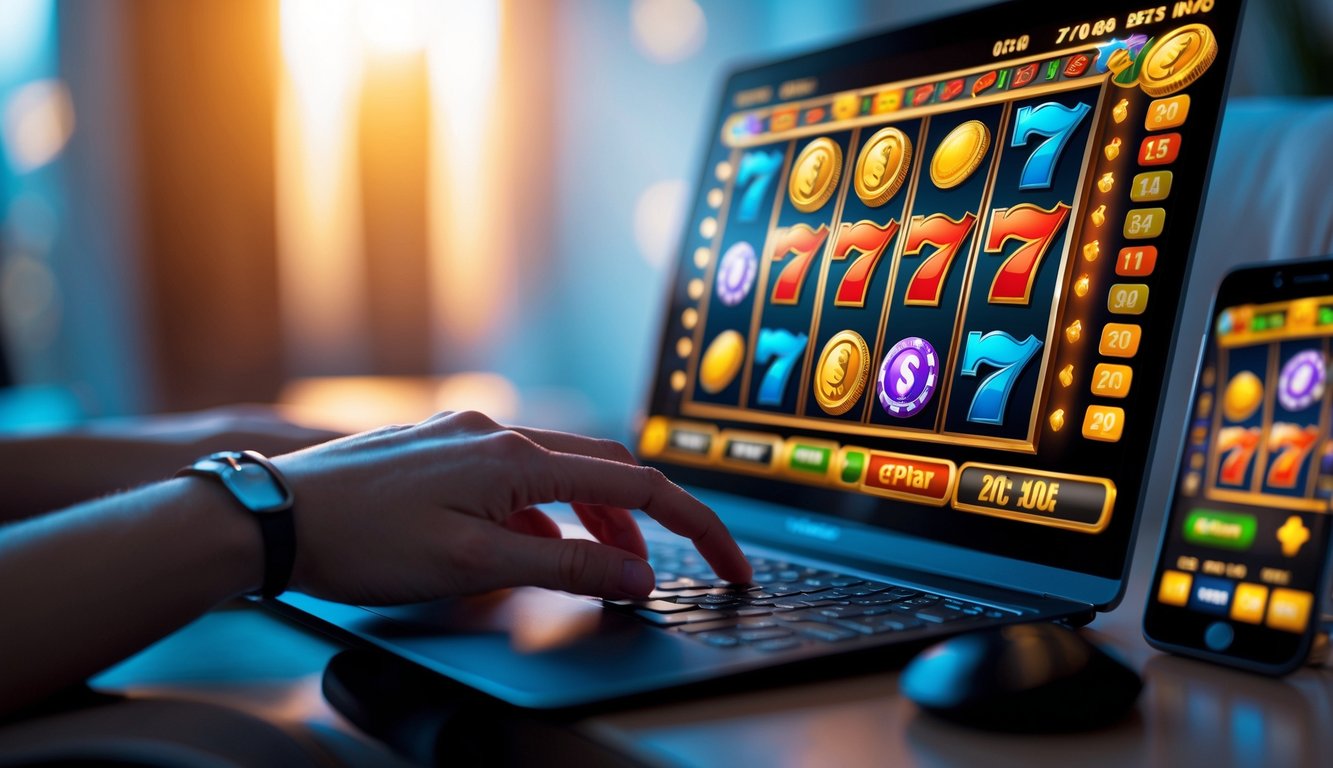 Tangan seseorang bermain mesin slot online di komputer dengan layar penuh warna dan koin emas, di ruangan yang nyaman.