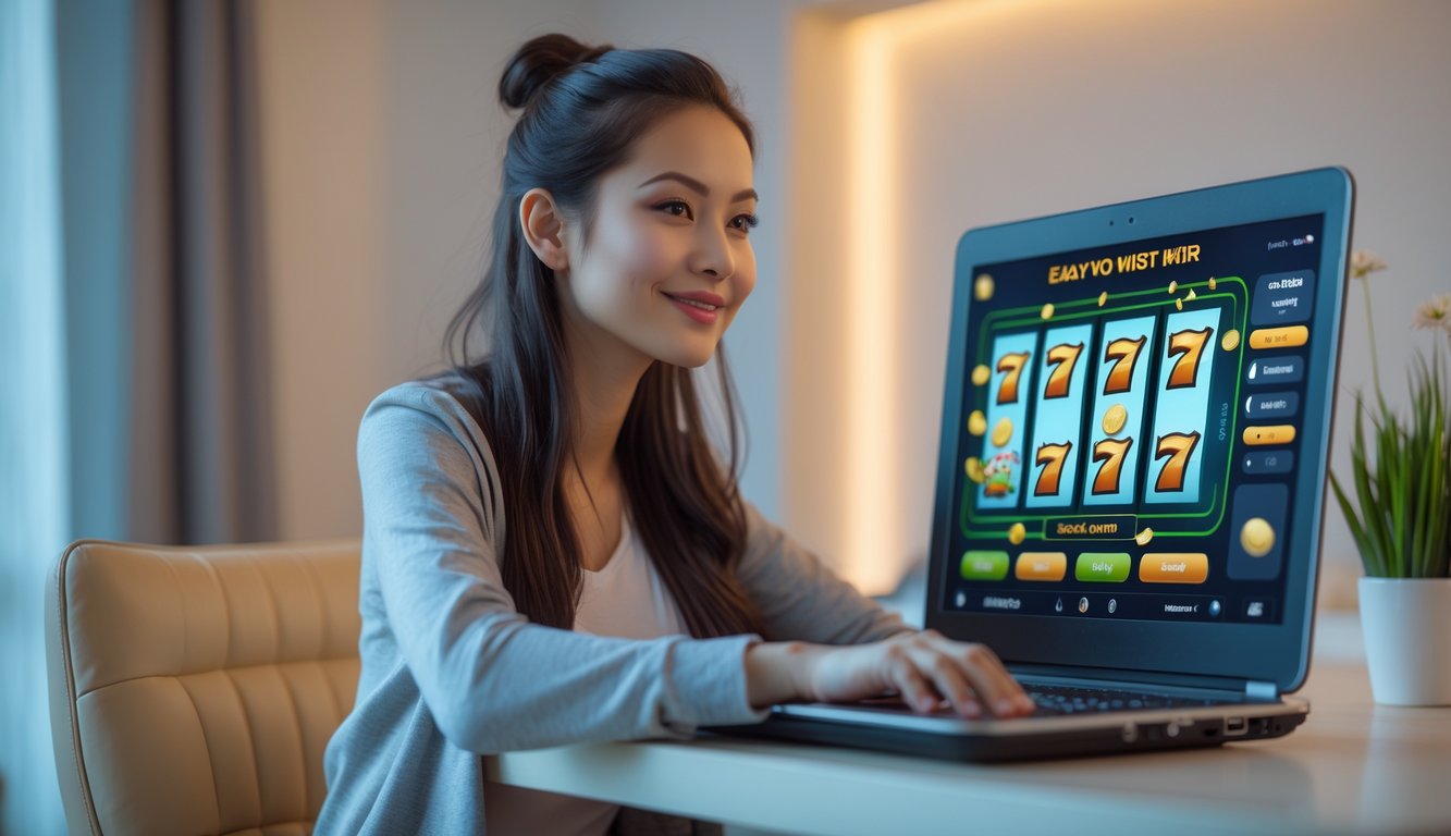 Seorang wanita muda duduk di meja dengan laptop, sedang bermain slot online dengan ekspresi fokus dan santai.