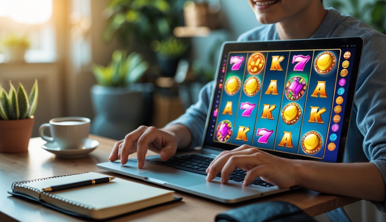 Seorang pemain muda sedang bermain slot online di laptop di ruang tamu yang nyaman dengan cahaya alami.