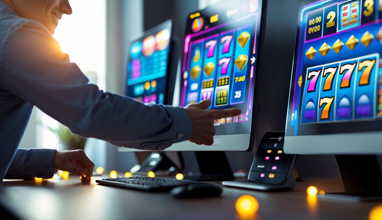 Seseorang sedang menggunakan komputer dengan tampilan mesin slot online yang berwarna-warni dan suasana yang nyaman.