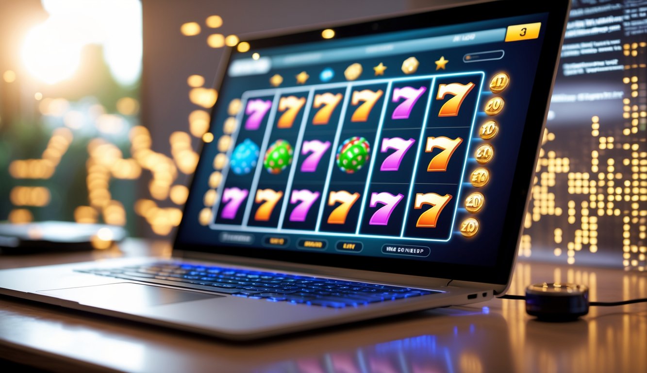 Sebuah komputer menampilkan mesin slot online dengan pola kemenangan, dikelilingi elemen digital yang menggambarkan pola dan algoritma.