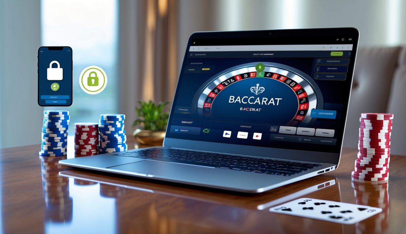 Seorang pengguna bermain baccarat online di laptop dengan ponsel dan chip poker di meja, menunjukkan transaksi cepat dan aman.