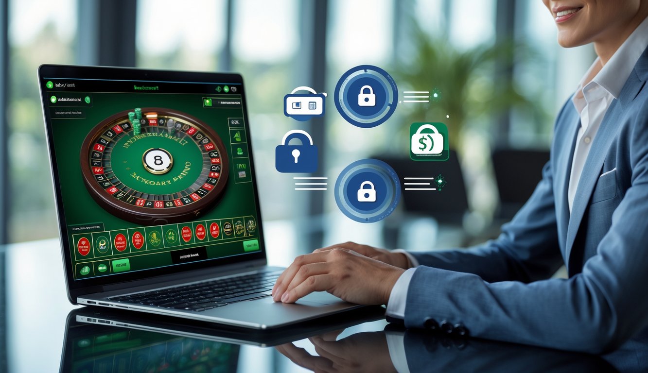 Seseorang menggunakan komputer dengan tampilan permainan baccarat online dan simbol pembayaran digital yang menunjukkan sistem deposit cepat dan aman.