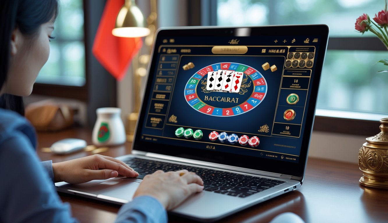 Seorang pemain menggunakan komputer dengan tampilan permainan baccarat online di meja kerja yang rapi dan terang, dengan elemen budaya Indonesia di latar belakang.