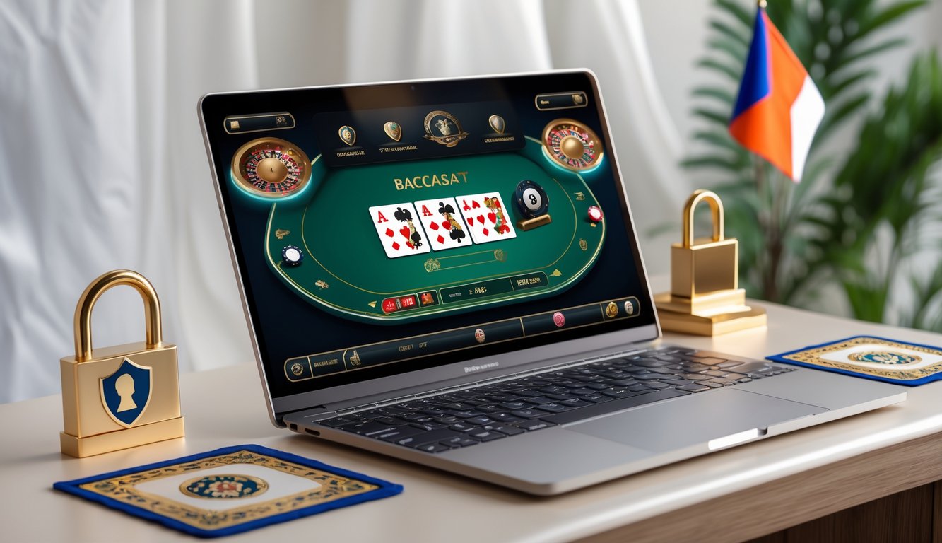 Seorang pemain menggunakan laptop dengan tampilan permainan baccarat online, dikelilingi simbol keamanan dan elemen budaya Indonesia.