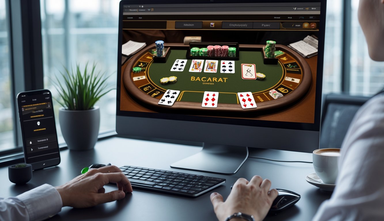 Meja kerja modern dengan komputer yang menampilkan permainan baccarat online, tangan seseorang menggunakan mouse dan keyboard, dengan suasana terang dan rapi.