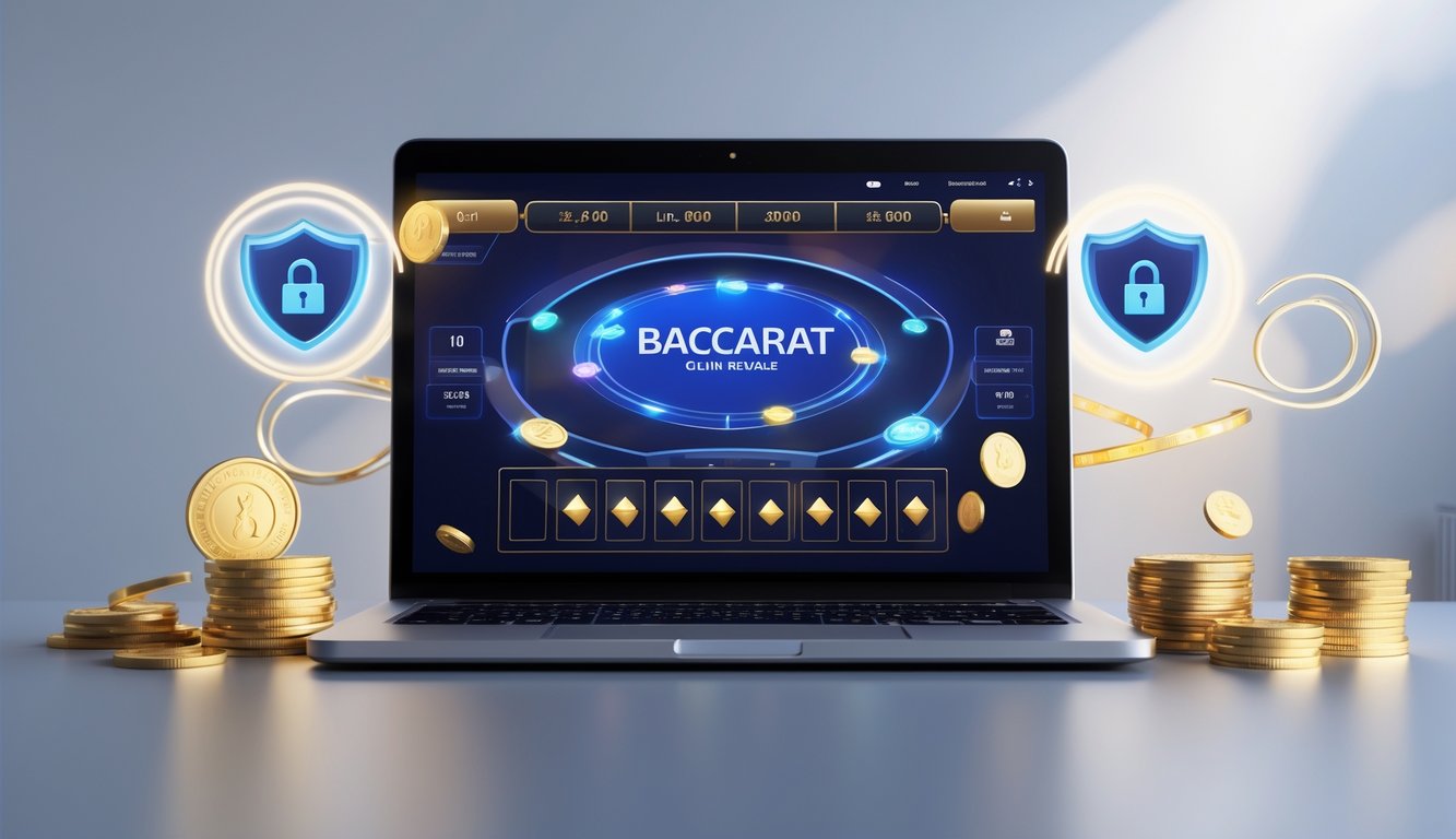 Seorang pria menggunakan laptop dengan tampilan permainan baccarat online di layar, dikelilingi oleh simbol keamanan dan hadiah.