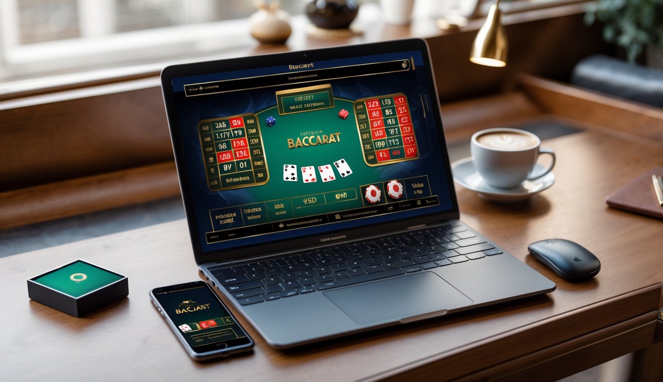 Seorang pria menggunakan laptop dan ponsel untuk bermain permainan baccarat online di meja kerja yang rapi.