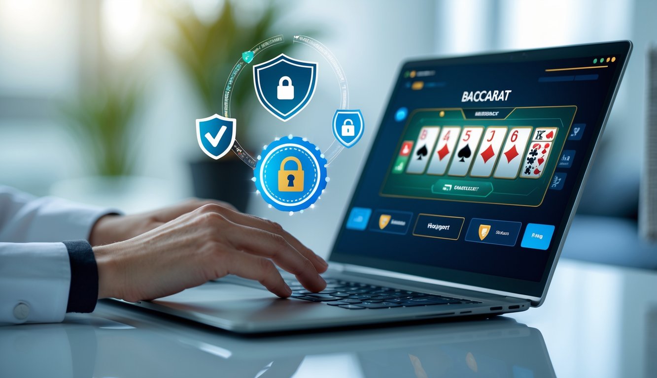Meja kerja modern dengan laptop yang menampilkan permainan baccarat online, dikelilingi simbol keamanan dan tangan seseorang yang sedang menggunakan laptop.