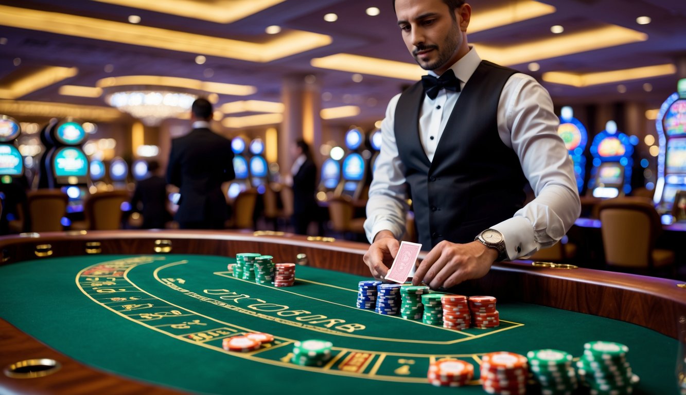 Meja baccarat di kasino dengan dealer dan pemain yang sedang bermain kartu di suasana mewah dan terang.