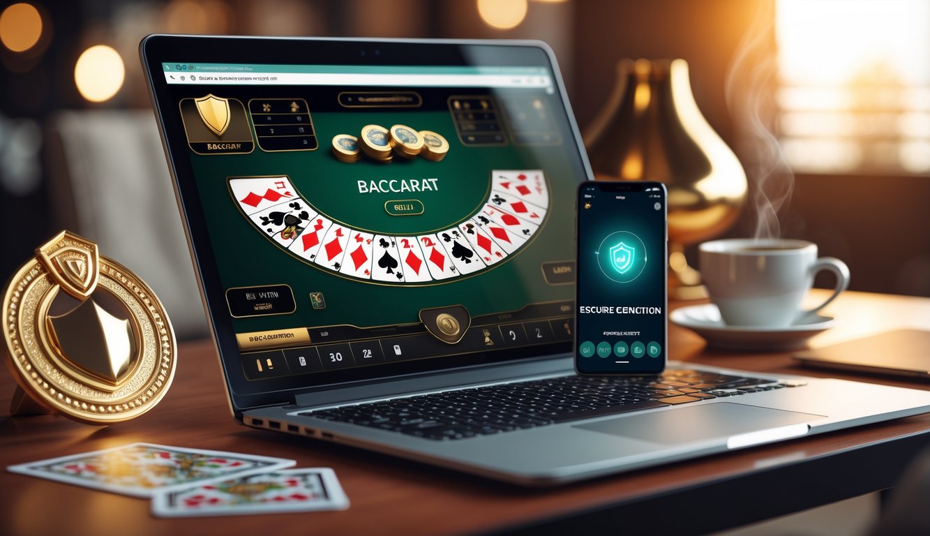 Seorang pengguna sedang bermain baccarat online di laptop dengan suasana meja kerja yang rapi dan elemen simbol kepercayaan di sekitar.