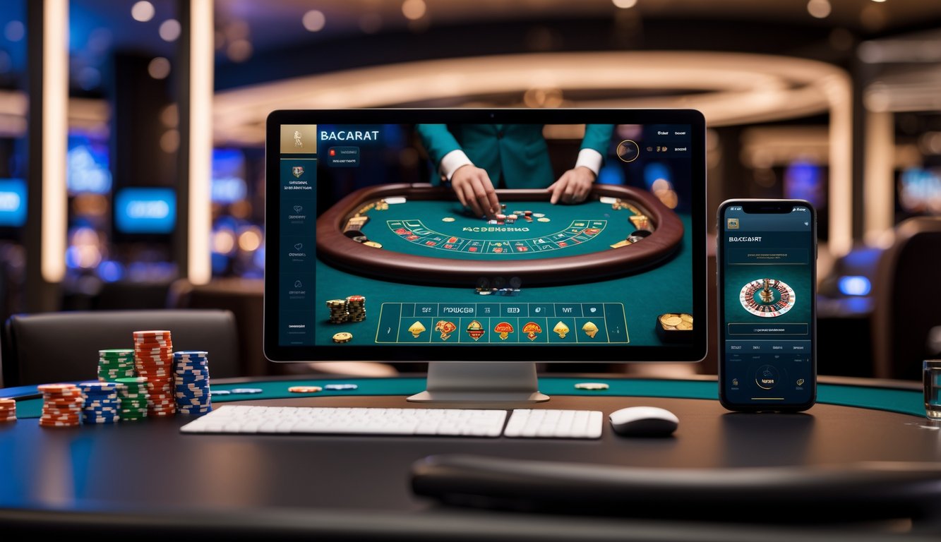 Tampilan layar komputer dan ponsel yang menampilkan permainan baccarat online dengan suasana kasino yang modern dan profesional.