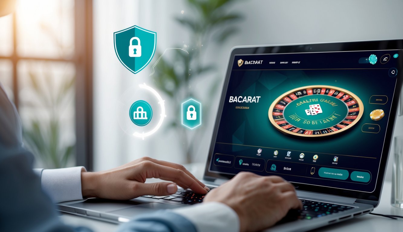 Seorang pria duduk di depan komputer dengan tampilan permainan baccarat online yang stabil dan terpercaya di layar.