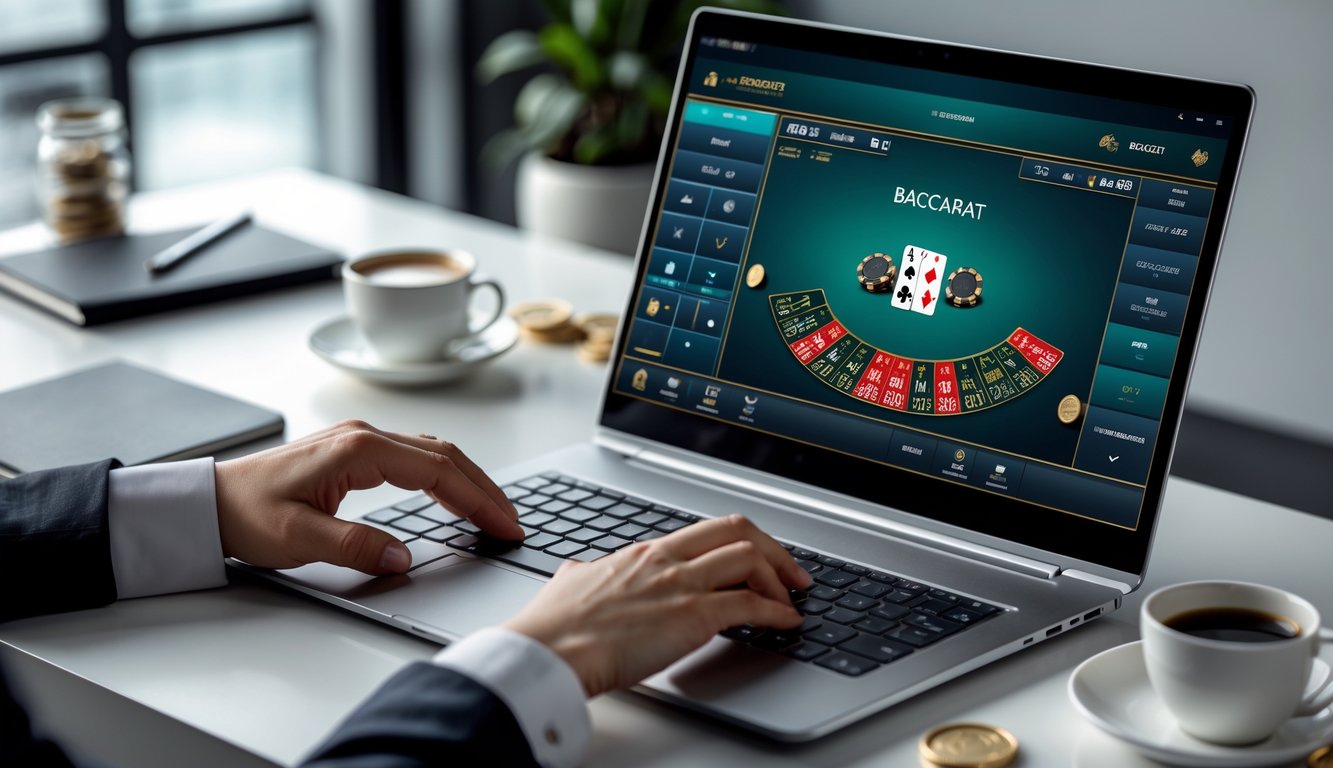 Seorang pemain sedang menggunakan komputer dengan tampilan permainan baccarat online di layar, di meja kerja yang rapi dengan cangkir kopi dan buku catatan.