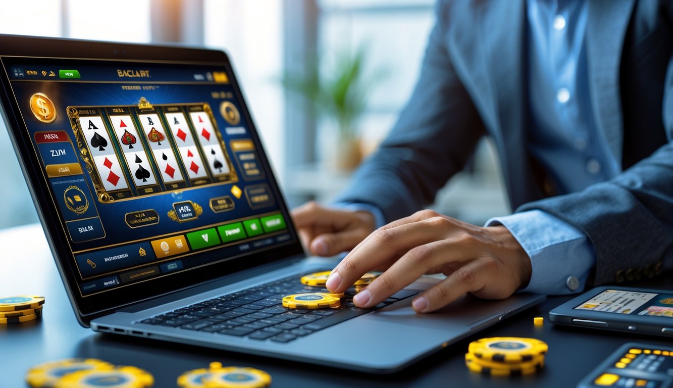 Seseorang menggunakan perangkat digital untuk bermain baccarat online dengan simbol keamanan dan transaksi cepat di latar belakang.