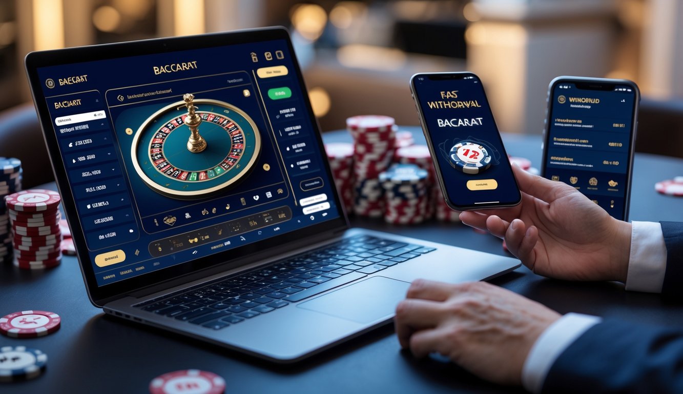 Seorang pengguna di depan laptop dengan tampilan permainan baccarat online, di meja terdapat chip poker dan kartu remi, menunjukkan suasana transaksi cepat dan terpercaya.