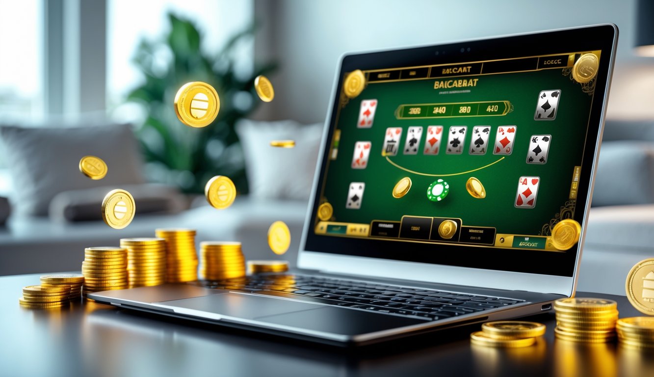 Seorang pria menggunakan laptop dengan tampilan permainan baccarat online dan tumpukan chip di meja.