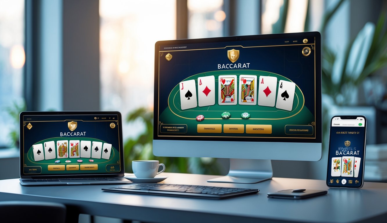 Meja kerja modern dengan komputer, ponsel, dan tablet menampilkan permainan baccarat online, dilengkapi dengan suasana yang tenang dan elemen keamanan.