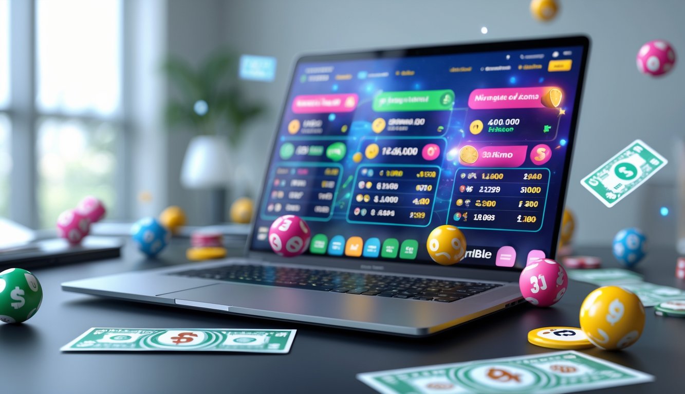 Seorang pria menggunakan laptop dengan layar menampilkan antarmuka permainan lotere online, dikelilingi oleh bola lotere dan simbol taruhan digital.