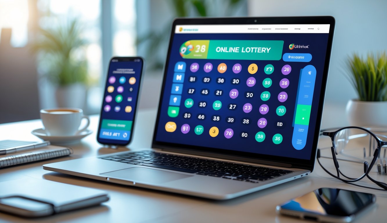 Meja kerja modern dengan laptop dan ponsel yang menampilkan aplikasi togel online, di ruangan kantor yang terang dan rapi.