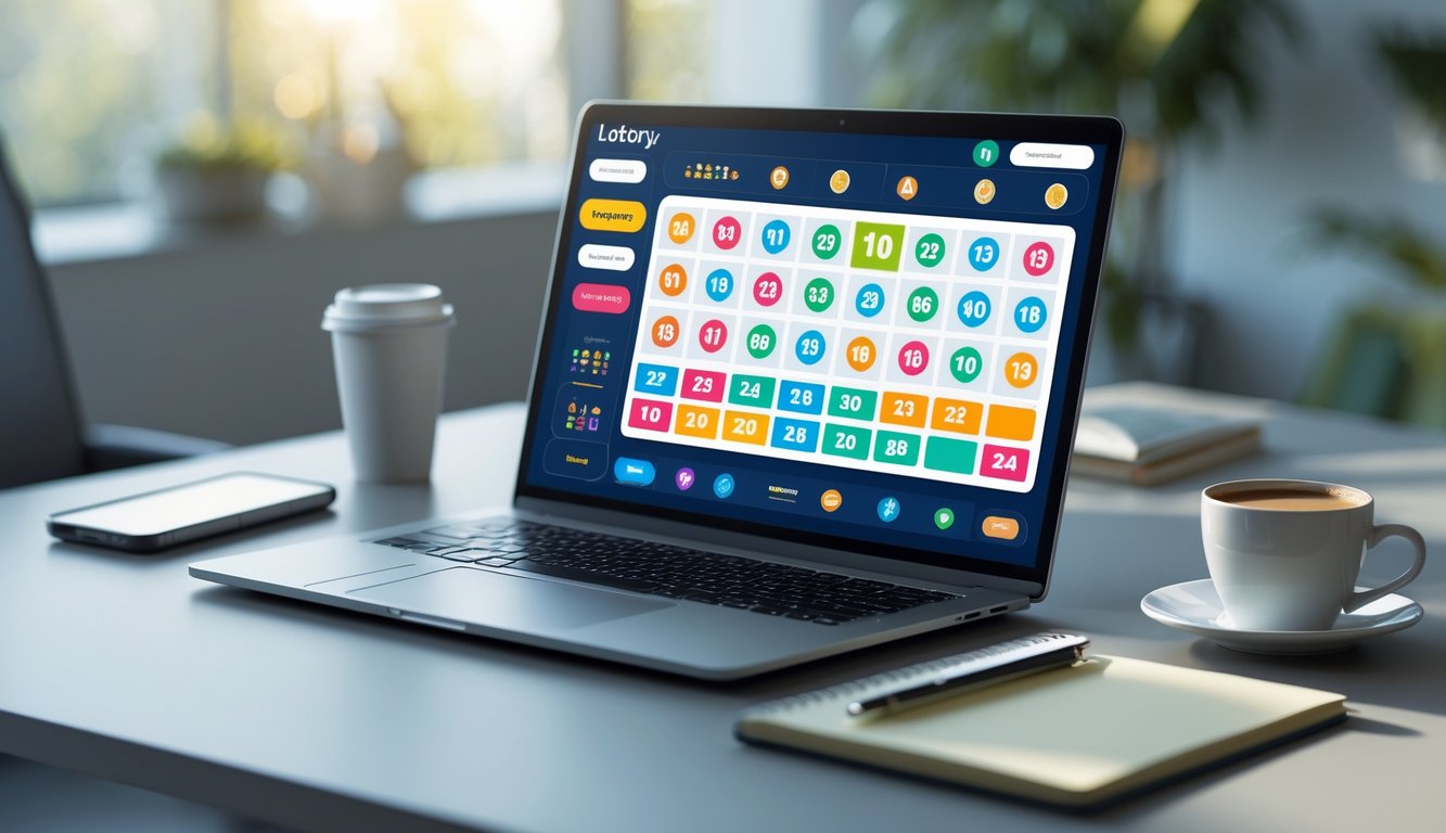 Sebuah laptop di meja kerja menampilkan antarmuka lotere digital dengan smartphone dan secangkir kopi di sampingnya.