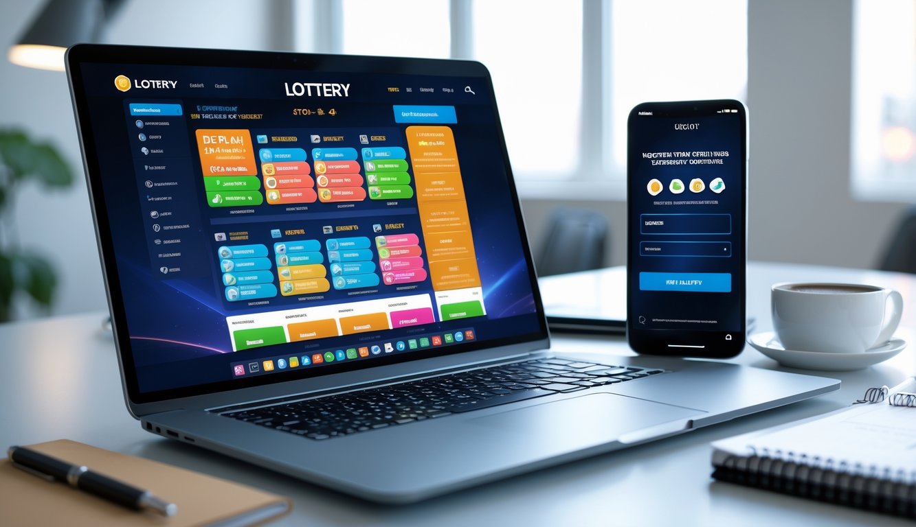 Sebuah ruang kerja modern dengan laptop dan ponsel yang menampilkan situs judi togel online, di meja terdapat cangkir kopi dan alat tulis.