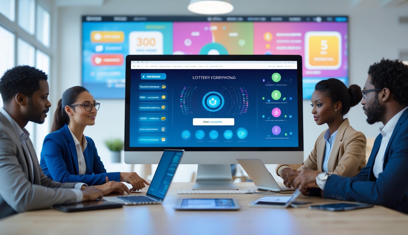Orang-orang sedang bekerja bersama di kantor dengan komputer dan perangkat digital, menampilkan suasana profesional dan teknologi.