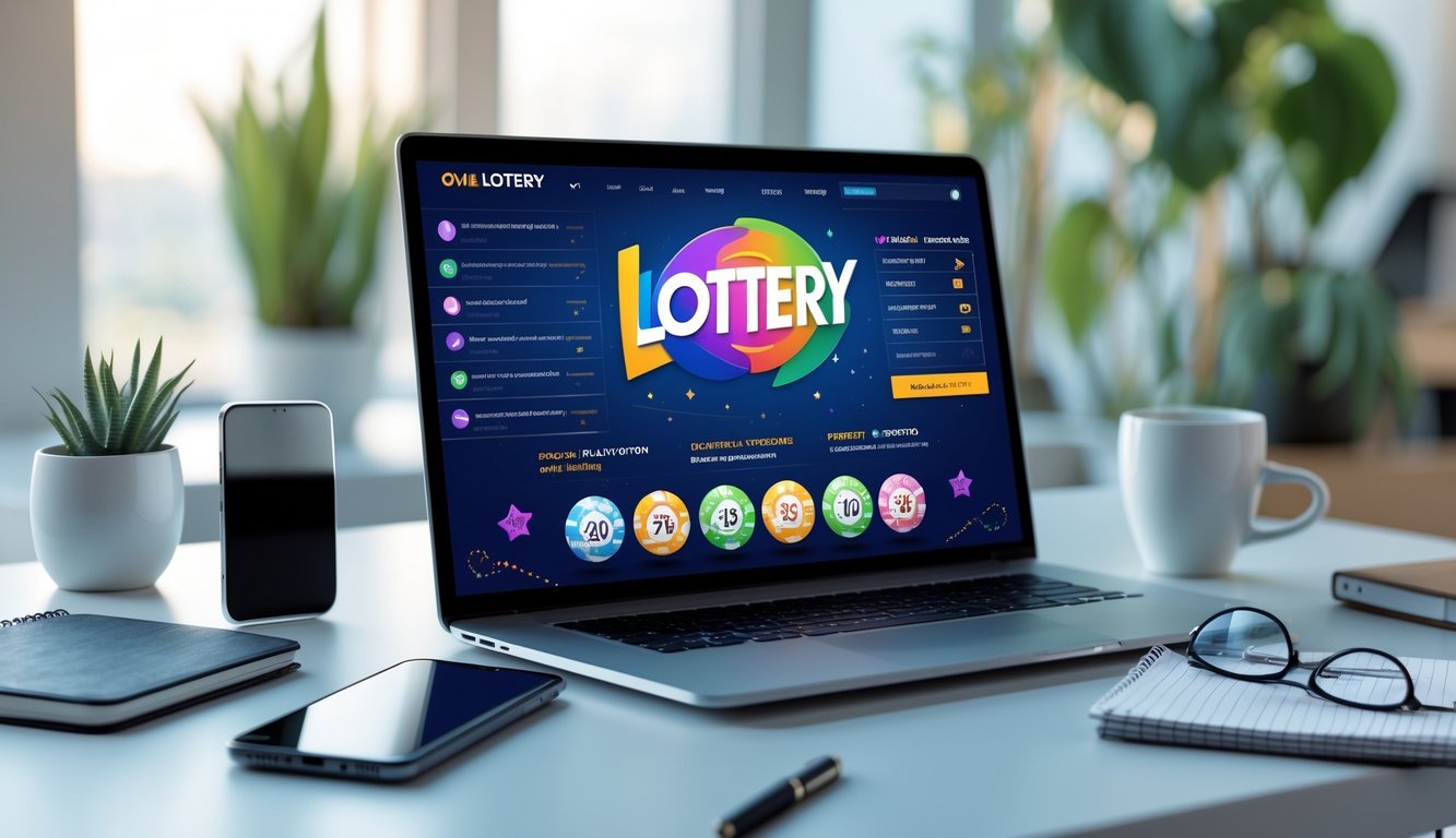 Meja kerja modern dengan laptop yang menampilkan situs lotere online, dikelilingi oleh ponsel, cangkir kopi, buku catatan, dan kacamata.