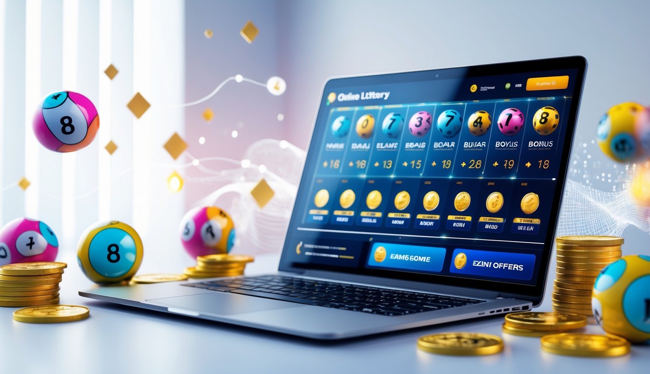 Seorang pria menggunakan laptop dengan tampilan layar yang menunjukkan berbagai pilihan pasar togel dan bonus di lingkungan yang bersih dan profesional.