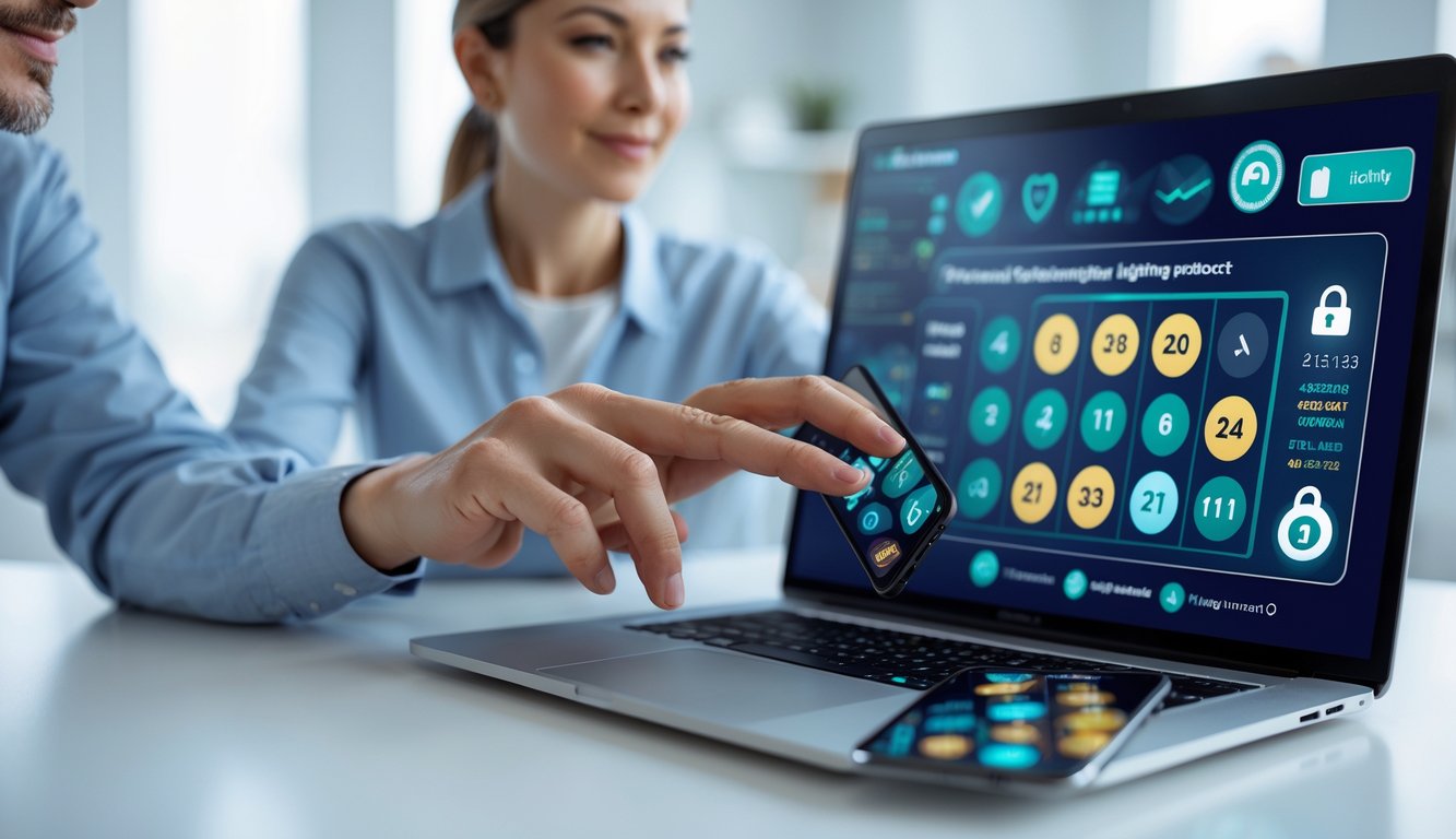 Dua orang dewasa menggunakan laptop dan ponsel di ruang kerja modern dengan tampilan antarmuka permainan togel online yang aman.