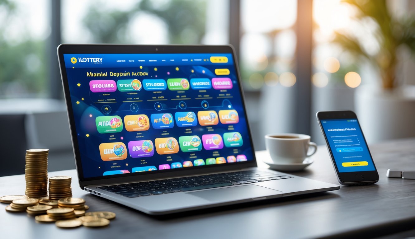 Seorang pengguna duduk di depan laptop dengan tampilan situs lotere online, di meja terdapat tumpukan koin dan ponsel yang menunjukkan konfirmasi transaksi.