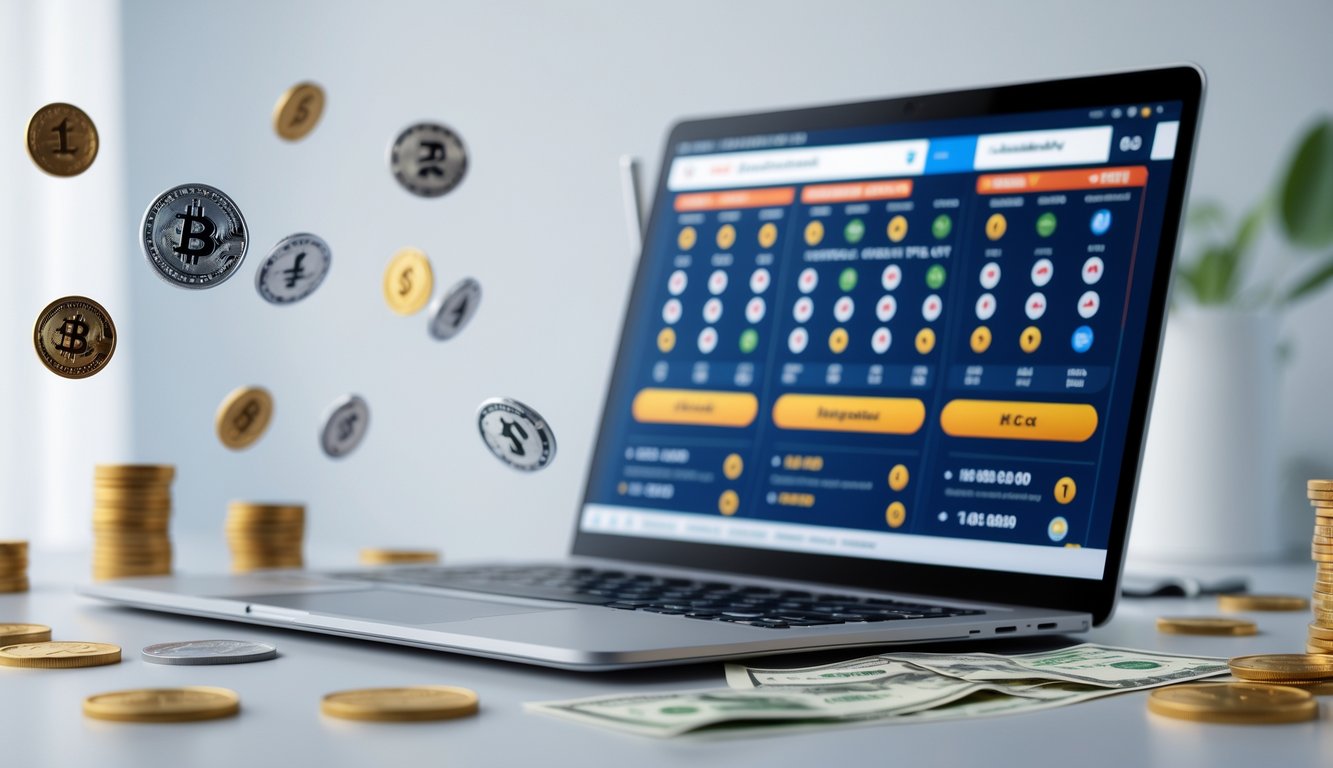 Sebuah ruang kerja modern dengan laptop yang menampilkan antarmuka digital pasar togel lengkap dan opsi taruhan, dikelilingi oleh simbol transaksi keuangan seperti koin dan ikon pembayaran digital.