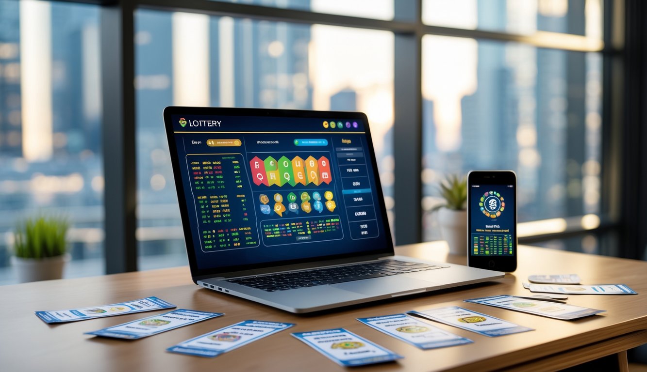 Meja kerja modern dengan laptop, ponsel, dan tiket togel yang tertata rapi di atasnya, dengan latar belakang pemandangan kota.