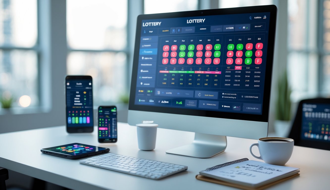 Sebuah meja kerja modern dengan komputer dan ponsel yang menampilkan antarmuka permainan togel online, dikelilingi oleh buku catatan dan cangkir kopi di ruang kantor yang terang.
